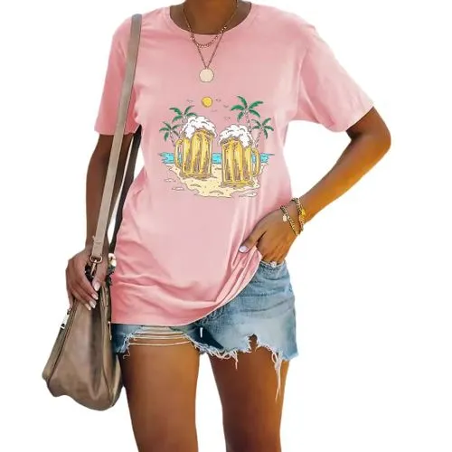 Women's Beer Coconut Tree Short Sleeve T-Shirts - Simple Style