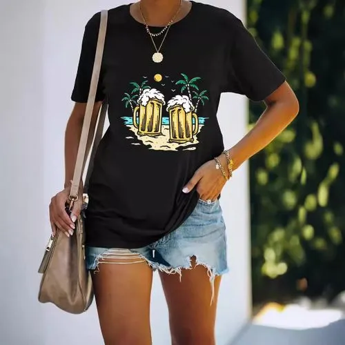 Women's Beer Coconut Tree Short Sleeve T-Shirts - Simple Style