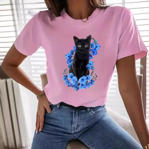 Women's Cat Flower T-Shirt - Short Sleeve Simple Style, Top Quality