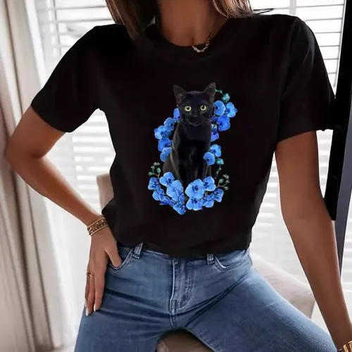 Women's Cat Flower T-Shirt - Short Sleeve Simple Style, Top Quality