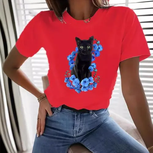 Women's Cat Flower T-Shirt - Short Sleeve Simple Style, Top Quality