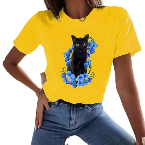 Women's Cat Flower T-Shirt - Short Sleeve Simple Style, Top Quality