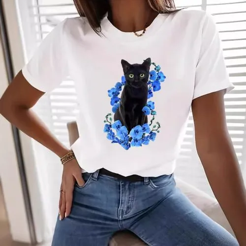 Women's Cat Flower T-Shirt - Short Sleeve Simple Style, Top Quality