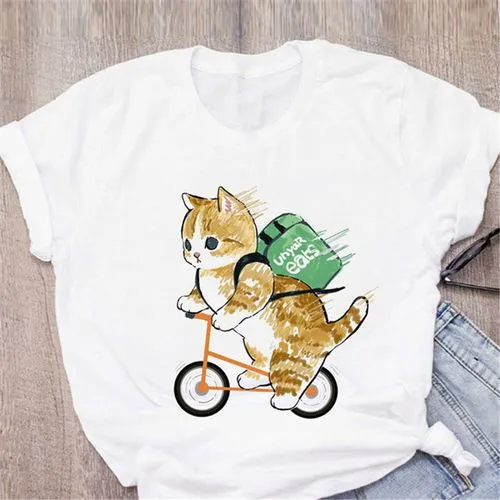 Womens Cat Fruit Print Short Sleeve Casual T-shirt