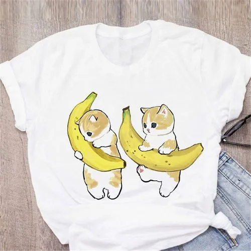 Womens Cat Fruit Print Short Sleeve Casual T-shirt