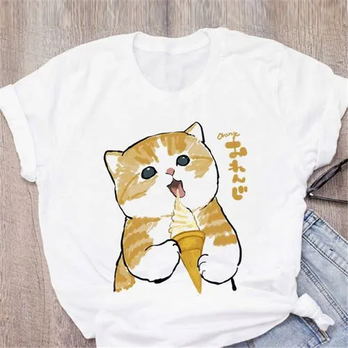 Womens Cat Fruit Print Short Sleeve Casual T-shirt