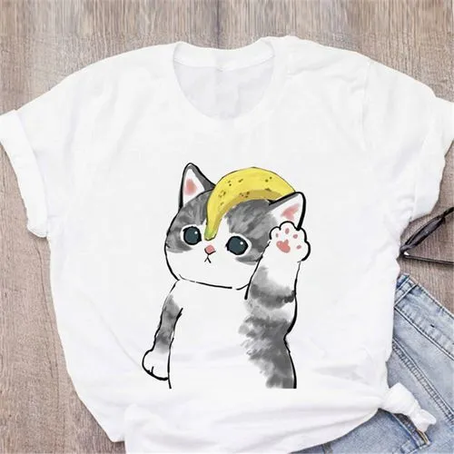 Womens Cat Fruit Print Short Sleeve Casual T-shirt