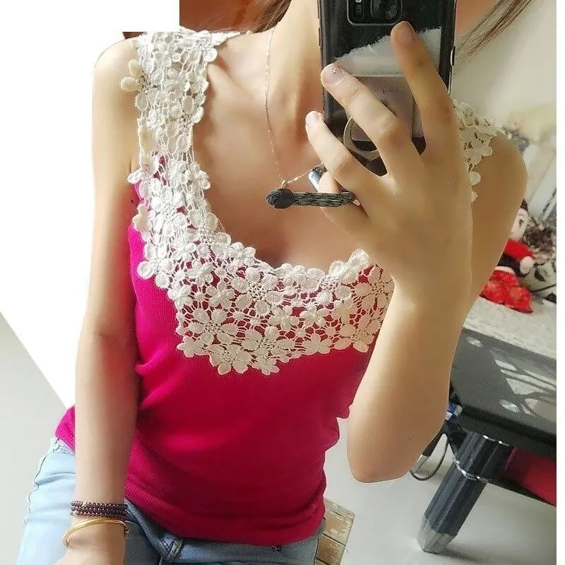 Crochet Lace Chiffon Sleeveless Blouse for Women