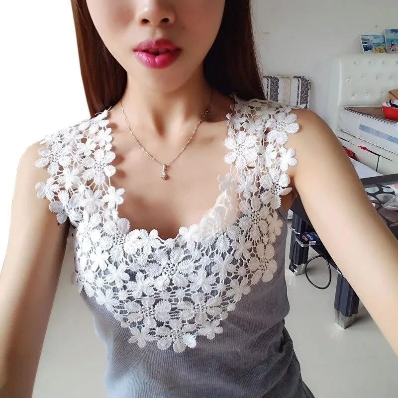 Crochet Lace Chiffon Sleeveless Blouse for Women