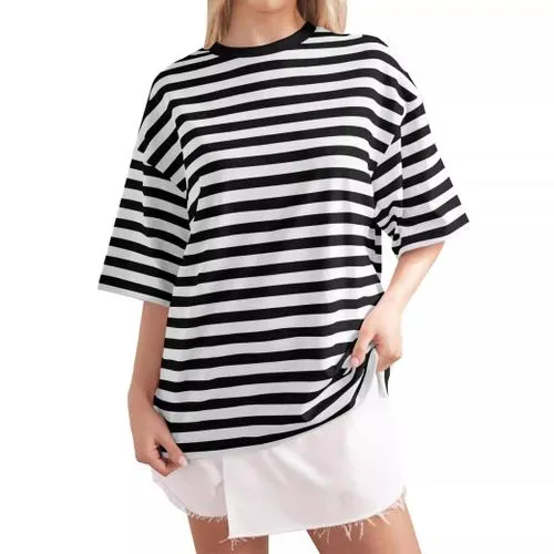 Women's Half Sleeve T-Shirt - Printing, Contrast Binding, Simple Style Stripe