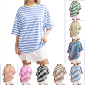 Women's Half Sleeve T-Shirt - Printing, Contrast Binding, Simple Style Stripe