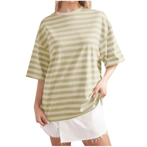 Women's Half Sleeve T-Shirt - Printing, Contrast Binding, Simple Style Stripe