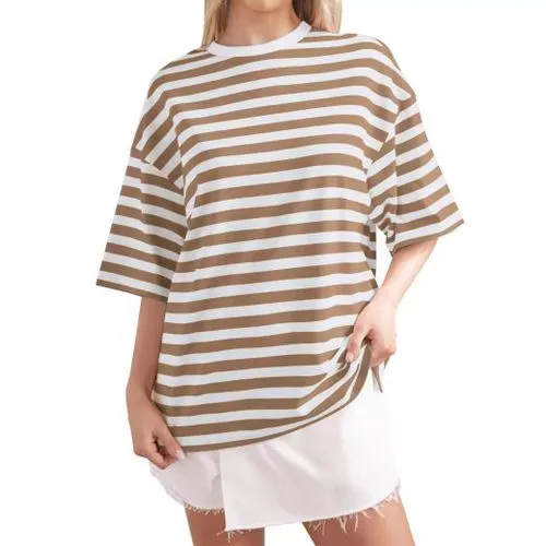 Women's Half Sleeve T-Shirt - Printing, Contrast Binding, Simple Style Stripe