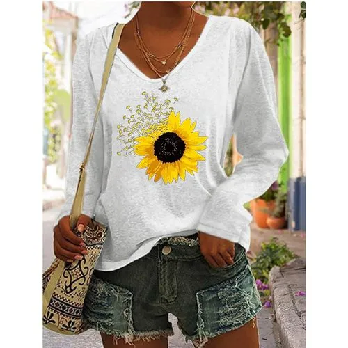 Women's Long Sleeve Casual Sunflower T-shirts