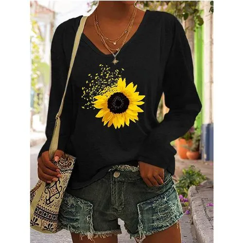 Women's Long Sleeve Casual Sunflower T-shirts