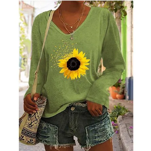 Women's Long Sleeve Casual Sunflower T-shirts