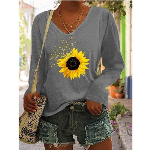 Women's Long Sleeve Casual Sunflower T-shirts