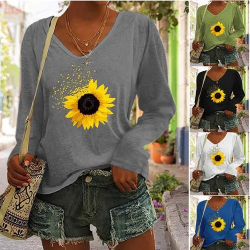 Women's Long Sleeve Casual Sunflower T-shirts