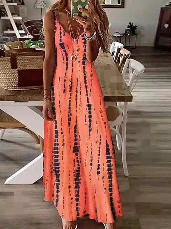 Women's Maxi Dress with Spaghetti Straps and Elegant Print