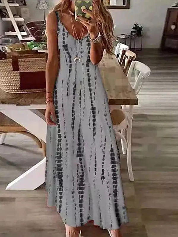 Women's Maxi Dress with Spaghetti Straps and Elegant Print