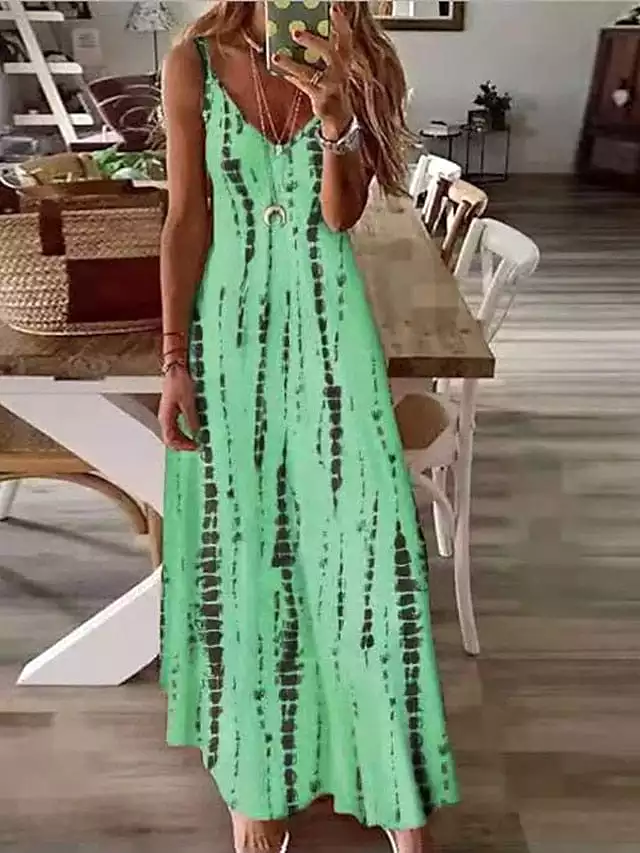 Women's Maxi Dress with Spaghetti Straps and Elegant Print