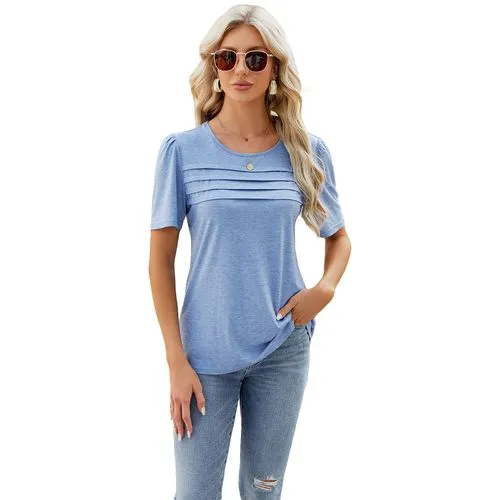 Women's Short Sleeve Solid Color Pleated T-Shirt for Streetwear