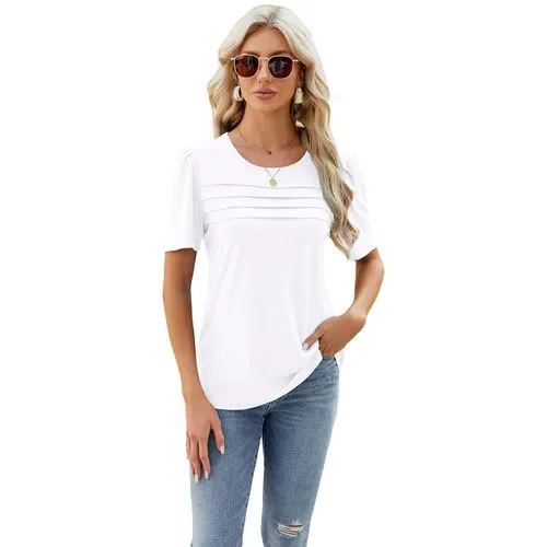 Women's Short Sleeve Solid Color Pleated T-Shirt for Streetwear