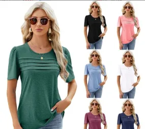 Women's Short Sleeve Solid Color Pleated T-Shirt for Streetwear