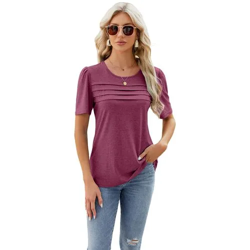 Women's Short Sleeve Solid Color Pleated T-Shirt for Streetwear