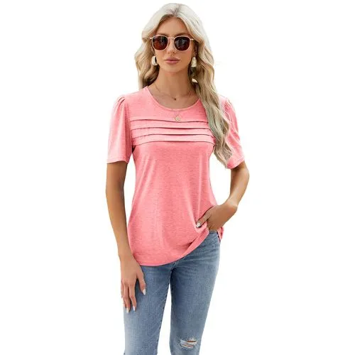 Women's Short Sleeve Solid Color Pleated T-Shirt for Streetwear