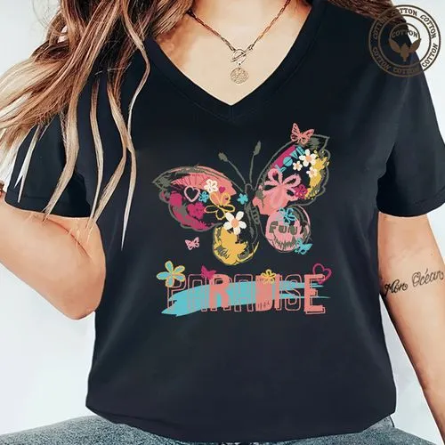 Women's Short Sleeve T-Shirt with Butterfly Printing - Casual Letter Design