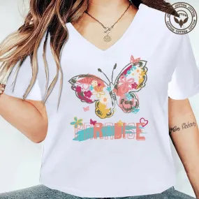 Women's Short Sleeve T-Shirt with Butterfly Printing - Casual Letter Design