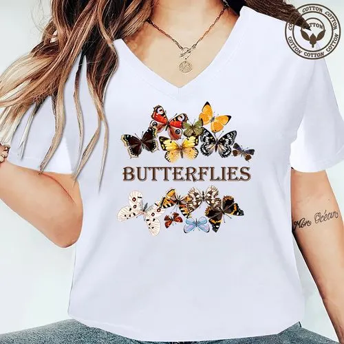 Women's Short Sleeve T-Shirt with Butterfly Printing - Casual Letter Design