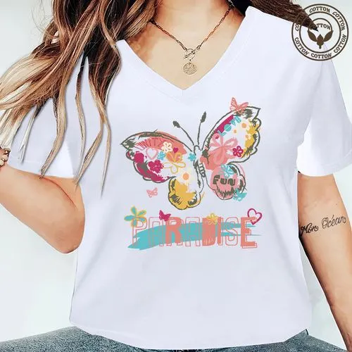 Women's Short Sleeve T-Shirt with Butterfly Printing - Casual Letter Design