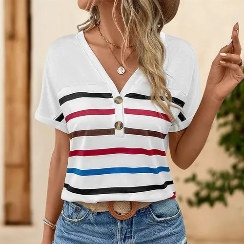 Women's Short Sleeve T-Shirt with Button, Streetwear Stripe Pattern