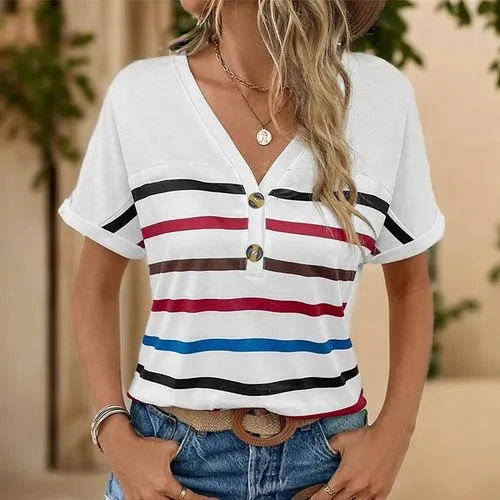 Women's Short Sleeve T-Shirt with Button, Streetwear Stripe Pattern