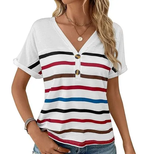 Women's Short Sleeve T-Shirt with Button, Streetwear Stripe Pattern