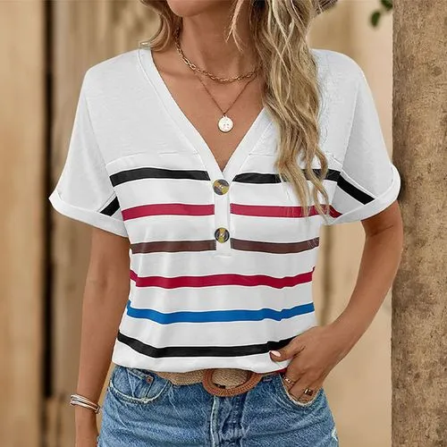 Women's Short Sleeve T-Shirt with Button, Streetwear Stripe Pattern