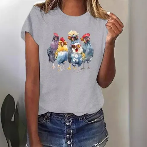 Women's T-shirt, Short Sleeve, Cartoon Design, Pastoral Pattern