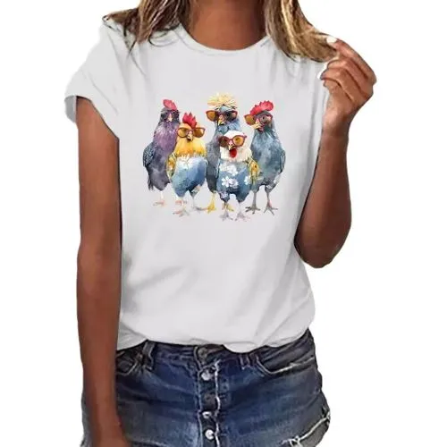 Women's T-shirt, Short Sleeve, Cartoon Design, Pastoral Pattern