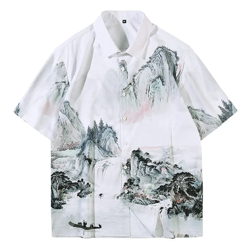 Large Cotton Casual Shirts Turn-down Collar Open Stitch Men Shirt Landscape Painting Short Sleeve Prin Xituodai 2022 New Arrival