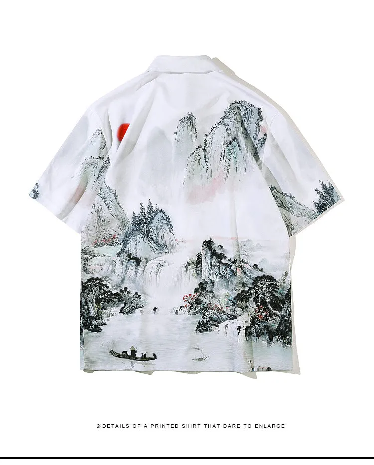 Large Cotton Casual Shirts Turn-down Collar Open Stitch Men Shirt Landscape Painting Short Sleeve Prin Xituodai 2022 New Arrival