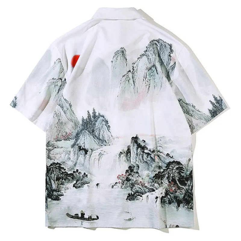 Large Cotton Casual Shirts Turn-down Collar Open Stitch Men Shirt Landscape Painting Short Sleeve Prin Xituodai 2022 New Arrival