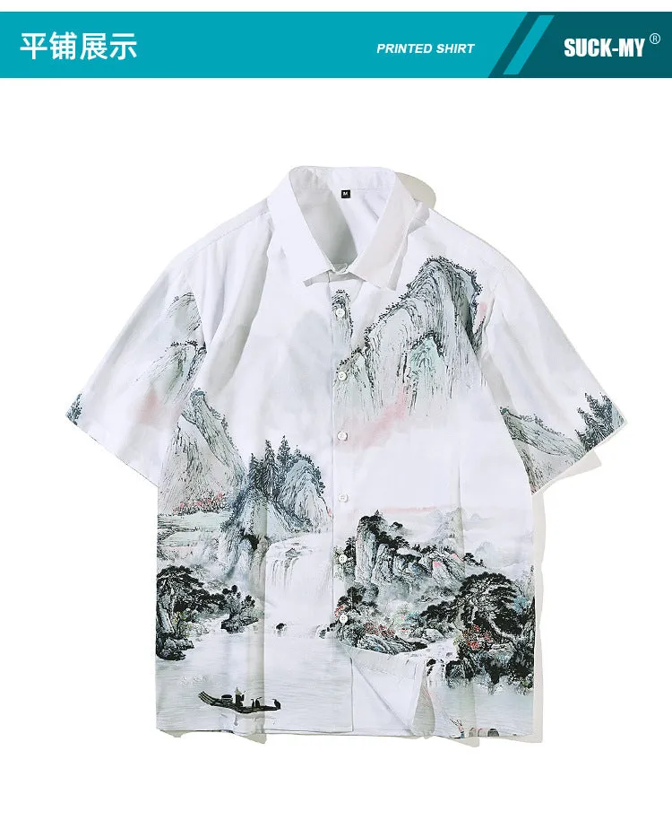 Large Cotton Casual Shirts Turn-down Collar Open Stitch Men Shirt Landscape Painting Short Sleeve Prin Xituodai 2022 New Arrival