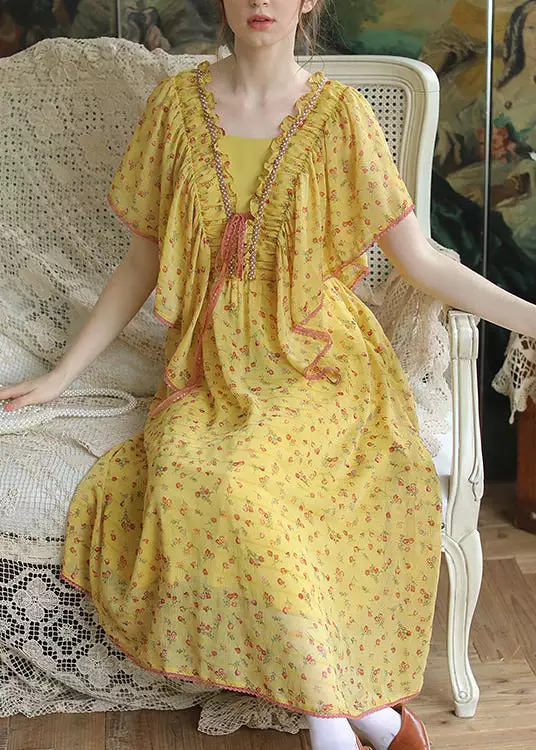 Yellow Ruffled Lace Up Chiffon Summer Dresses with Nail Bead Details - QA1016