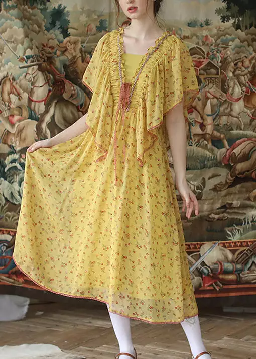 Yellow Ruffled Lace Up Chiffon Summer Dresses with Nail Bead Details - QA1016