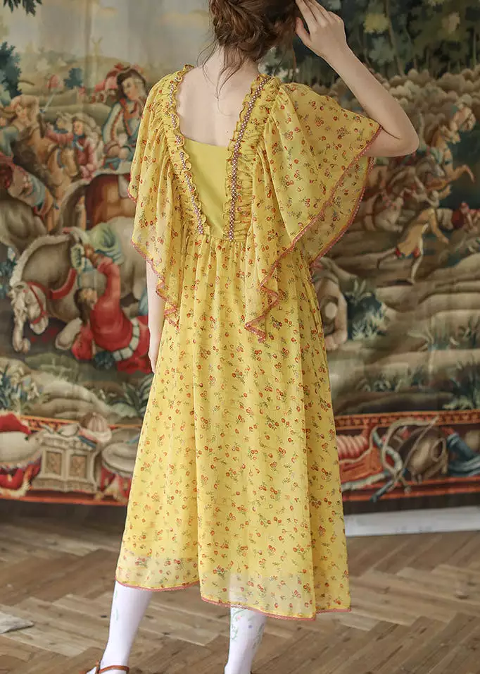 Yellow Ruffled Lace Up Chiffon Summer Dresses with Nail Bead Details - QA1016